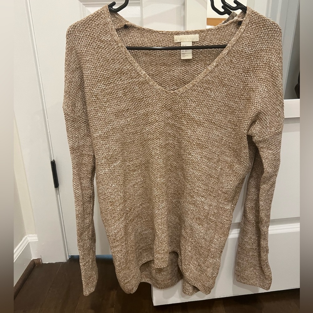 H&M V-Neck Knit Sweater in Tan and White